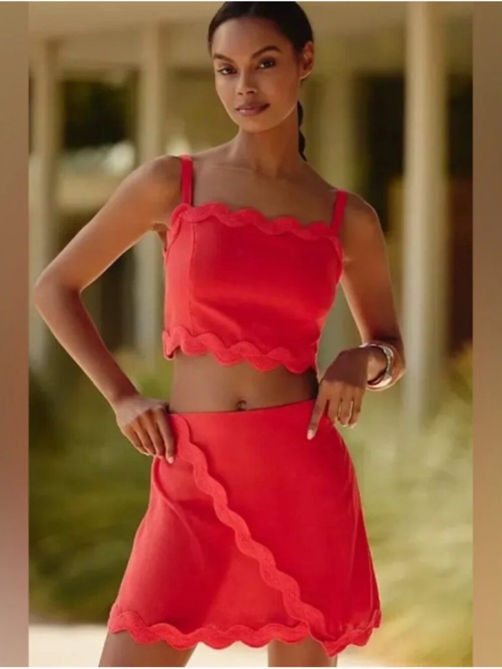 CELANDINE Anthropologie Linen Blend Ric Rac Mini Skirt In Red Size Medium